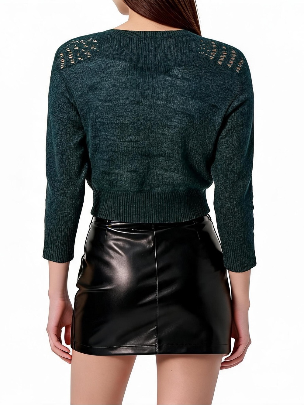 Express Dark Green Button-Front Cropped V-Neck Cardigan - Picture 3 of 8